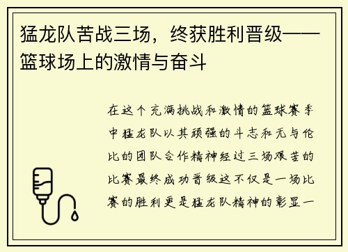 猛龙队苦战三场，终获胜利晋级——篮球场上的激情与奋斗
